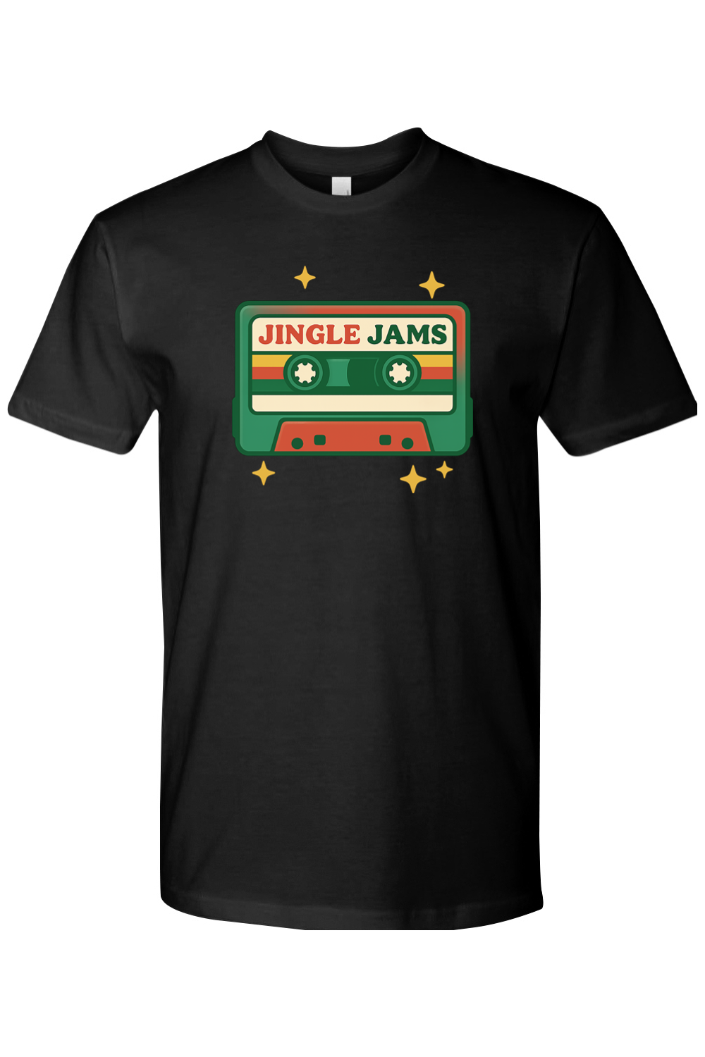 Black vintage Christmas t-shirt with "Jingle Jams" text inside a cassette tape retro trendy holiday short sleeve shirt