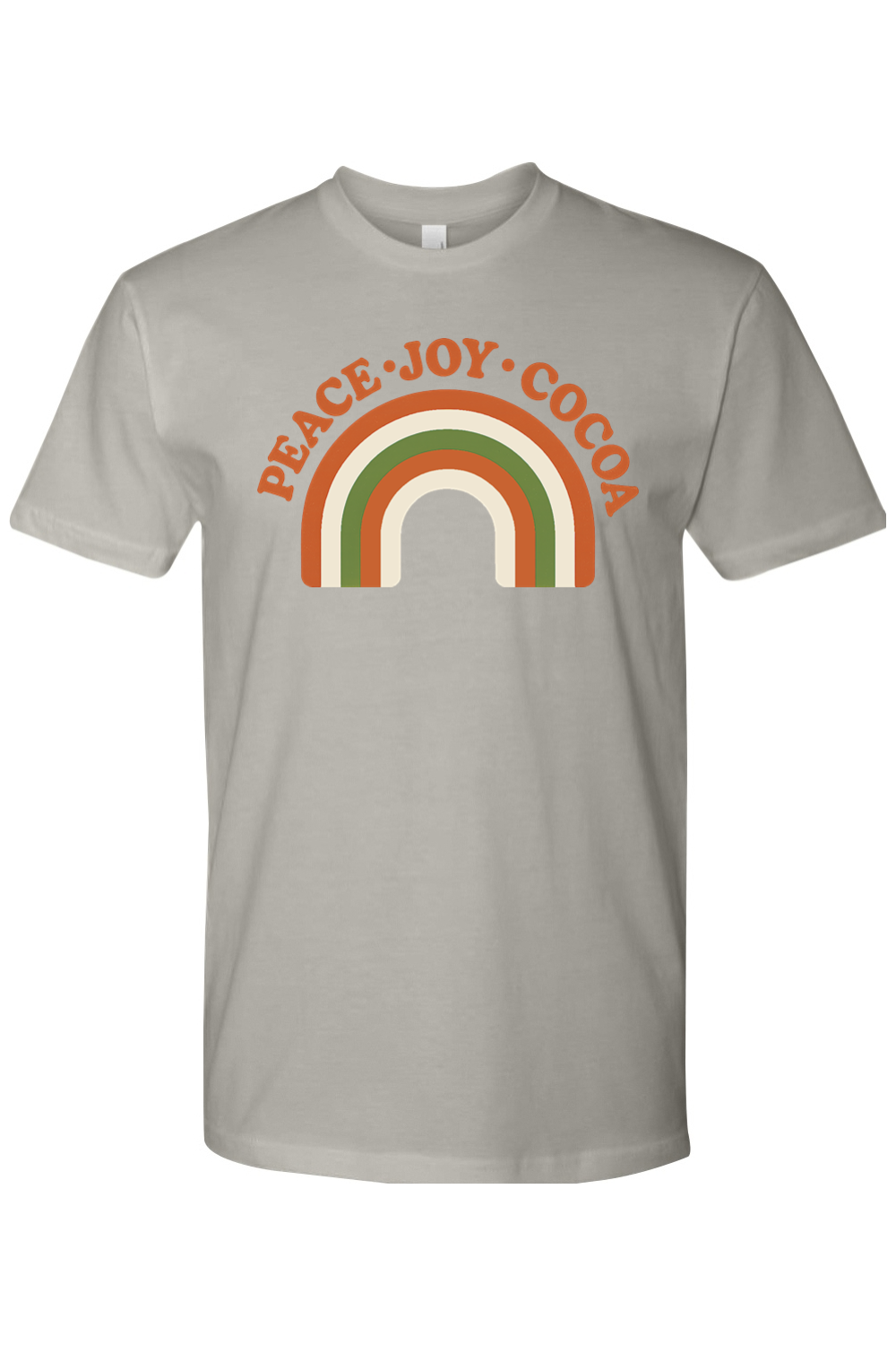 Gray grey vintage Christmas t-shirt with "Peace Joy Cocoa" text and a retro rainbow design cool trendy holiday short sleeve shirt