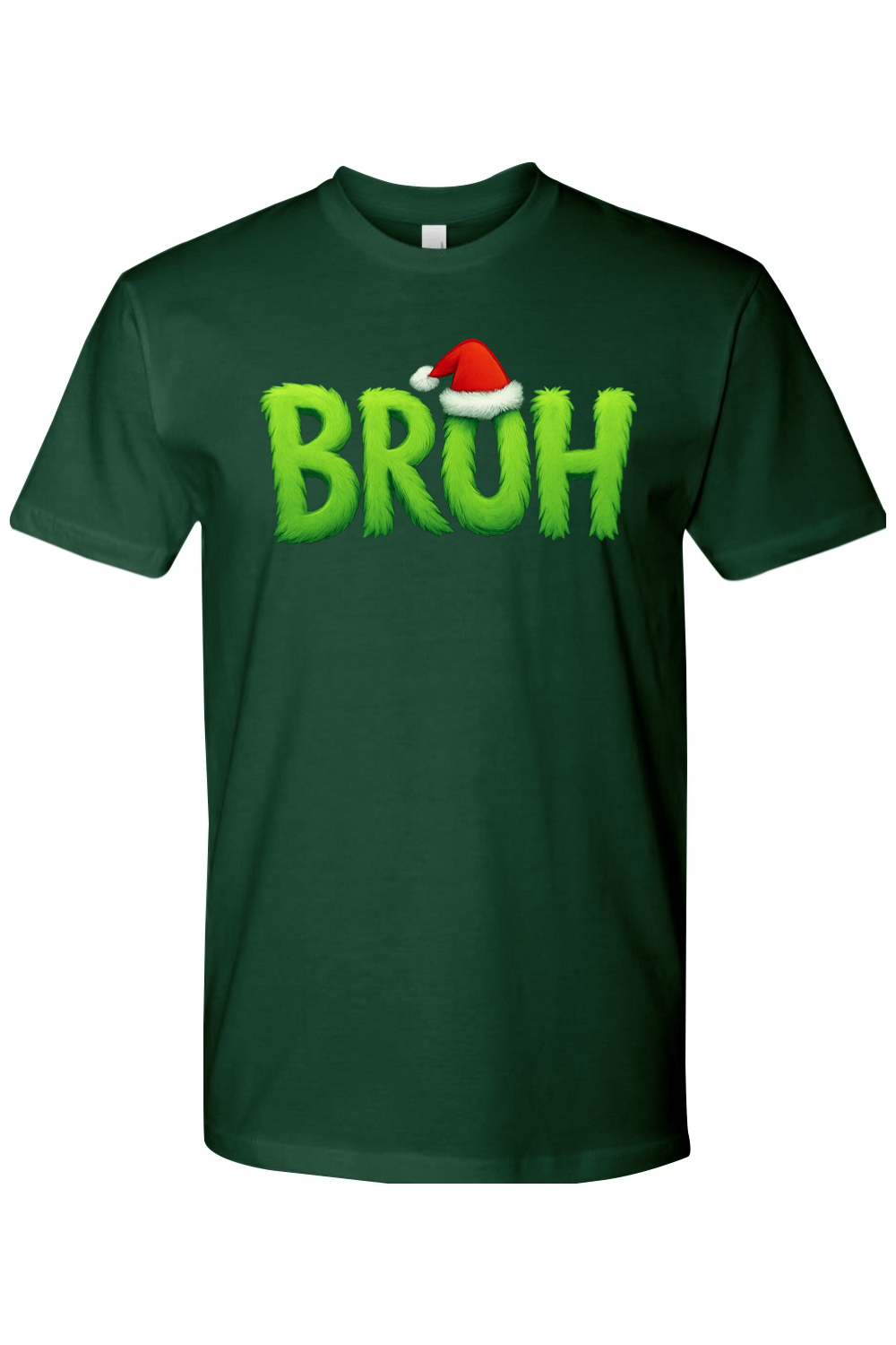 Dark green Christmas t-shirt with "BRUH" text with a Santa hat design funny holiday humor short sleeve shirt