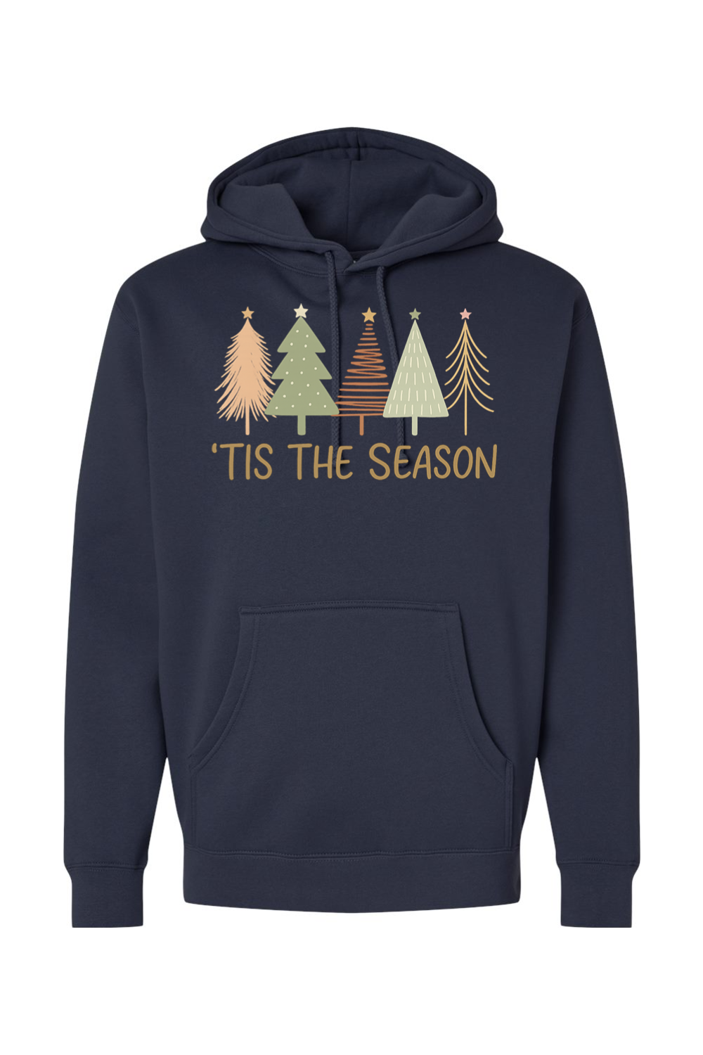 Navy blue Christmas hoodie with "'Tis the Season" text and pastel colored Christmas trees design cute trendy festive holiday long sleeve hooded sweatshirt