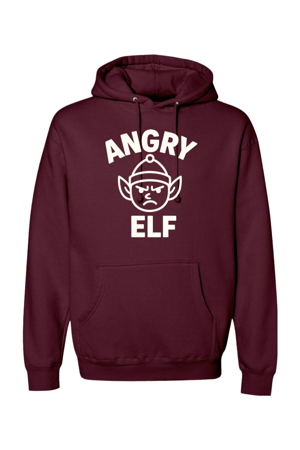 Maroon Christmas hoodie with "Angry Elf' in white text with a minimal angry elf design funny sarcastic humor holiday long sleeve hooded sweatshirt