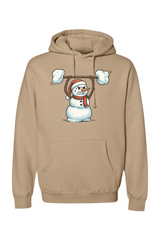 Dark beige Christmas hoodie with a snowman lifting a snow barbell design funny gym humor festive holiday long sleeve hooded sweatshirt