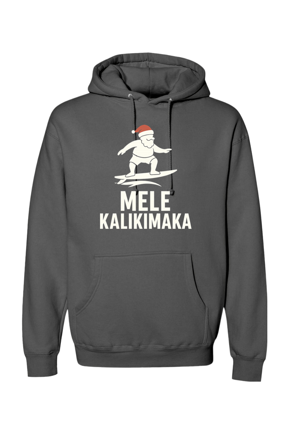 Dark gray Christmas hoodie with Santa surfing and "Mele Kalikimaka" text funny Hawaiian Christmas surf holiday long sleeve hooded sweatshirt