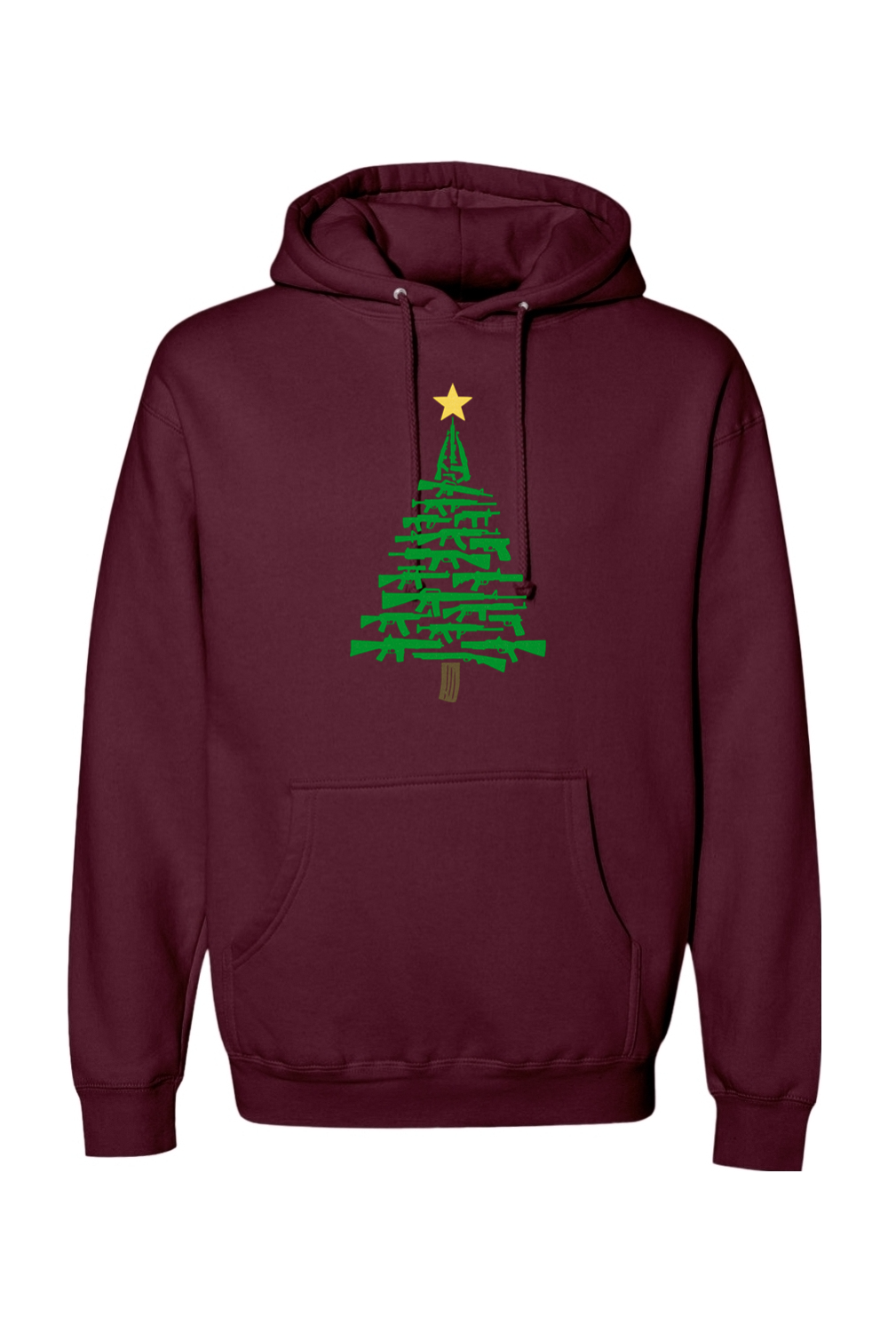 Maroon Christmas hoodie with a Christmas tree design made out of rifles cool tactical men's holiday long sleeve hooded sweatshirt