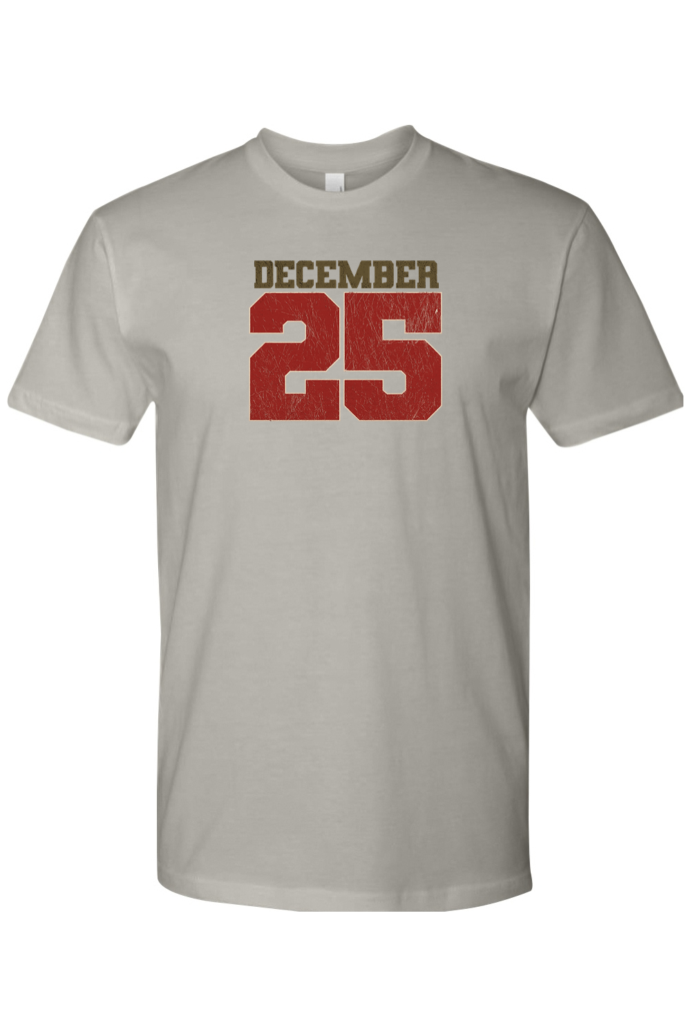 Gray Christmas t-shirt with "December 25" text cool trendy festive holiday short sleeve shirt