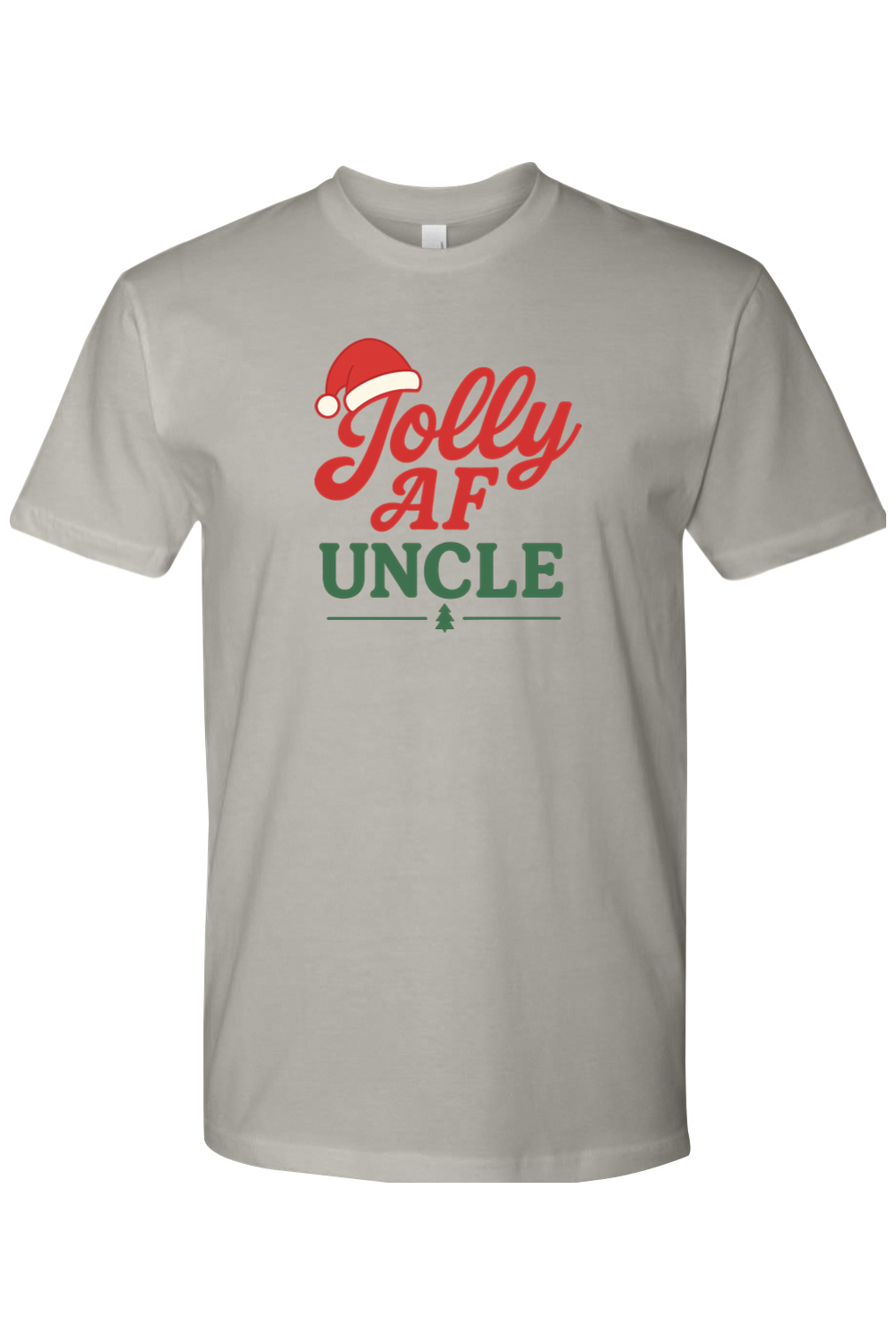 Gray Christmas t-shirt with "Jolly AF Uncle" text with a Santa hat and Christmas tree design funny holiday humor short sleeve shirt