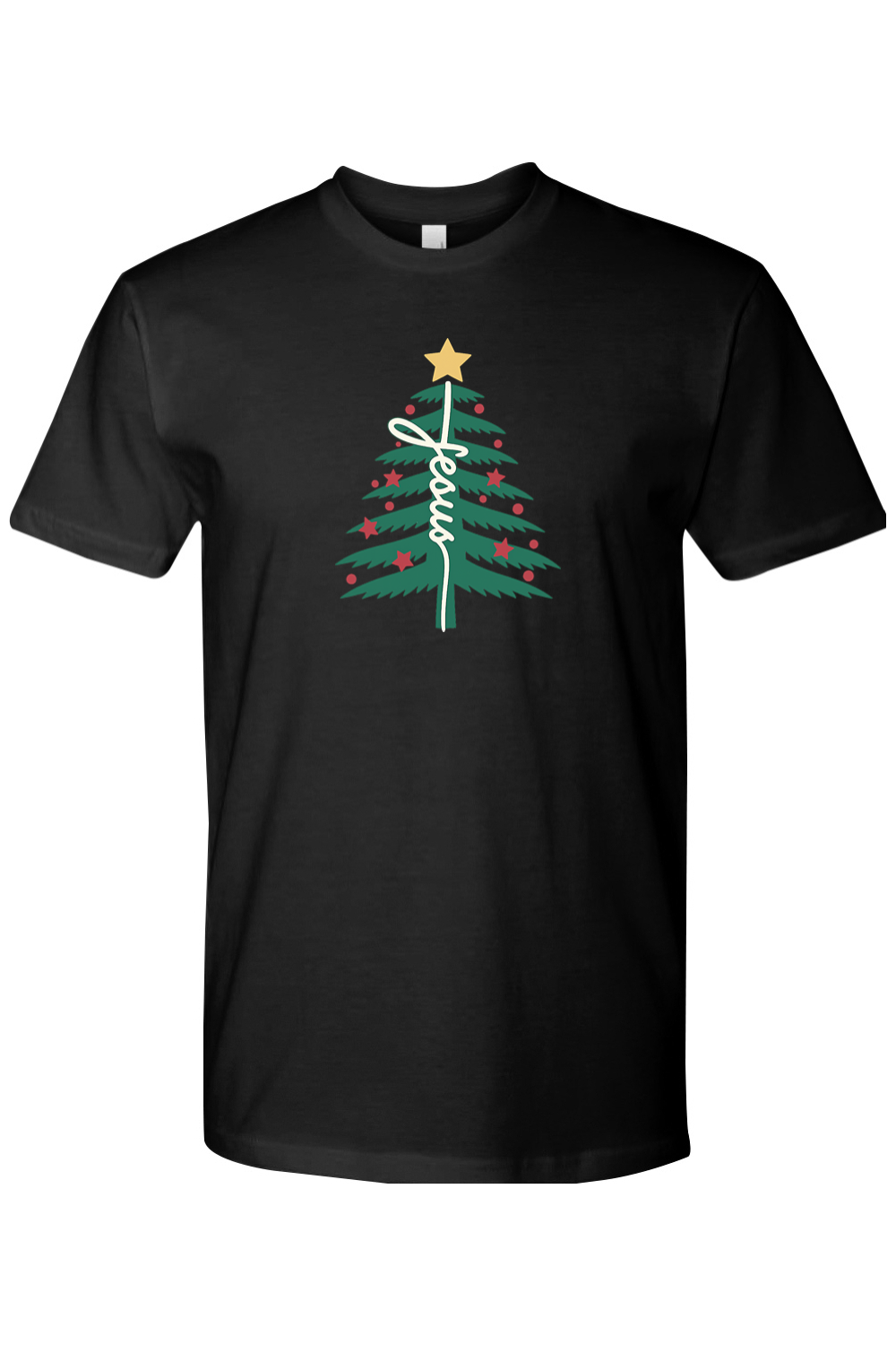 Black Christmas t-shirt with "Jesus" text in a Christmas tree design festive religious God Christian holiday short sleeve shirt