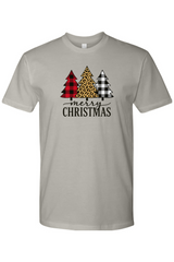 Gray Christmas t-shirt with plaid and leopard print Christmas trees design and 