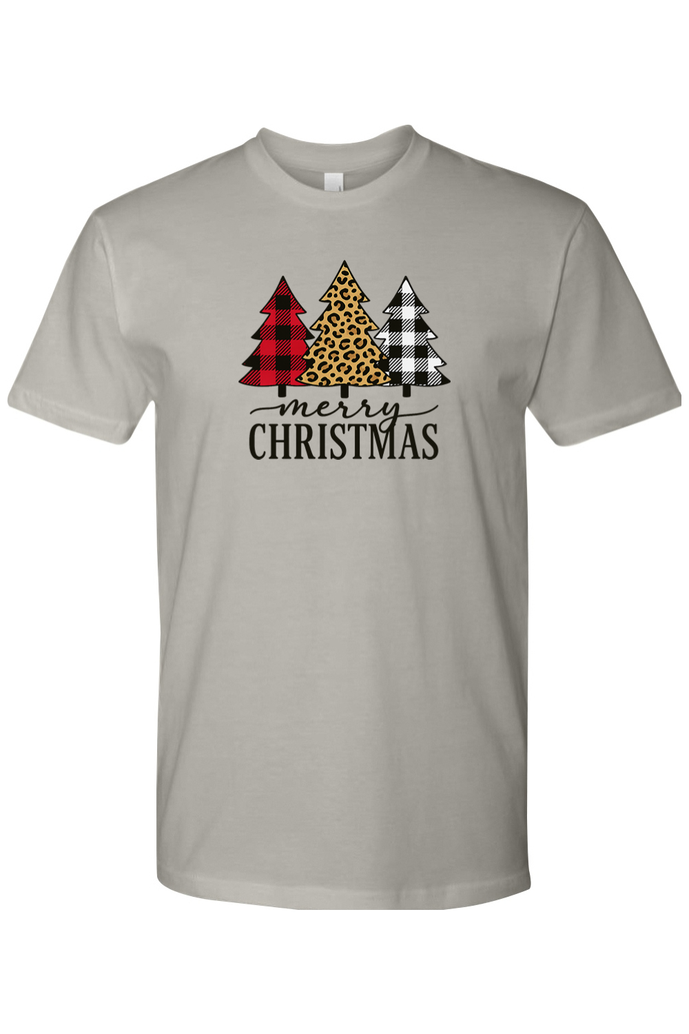 Gray Christmas t-shirt with plaid and leopard print Christmas trees design and "Merry Christmas" text festive trendy holiday short sleeve shirt