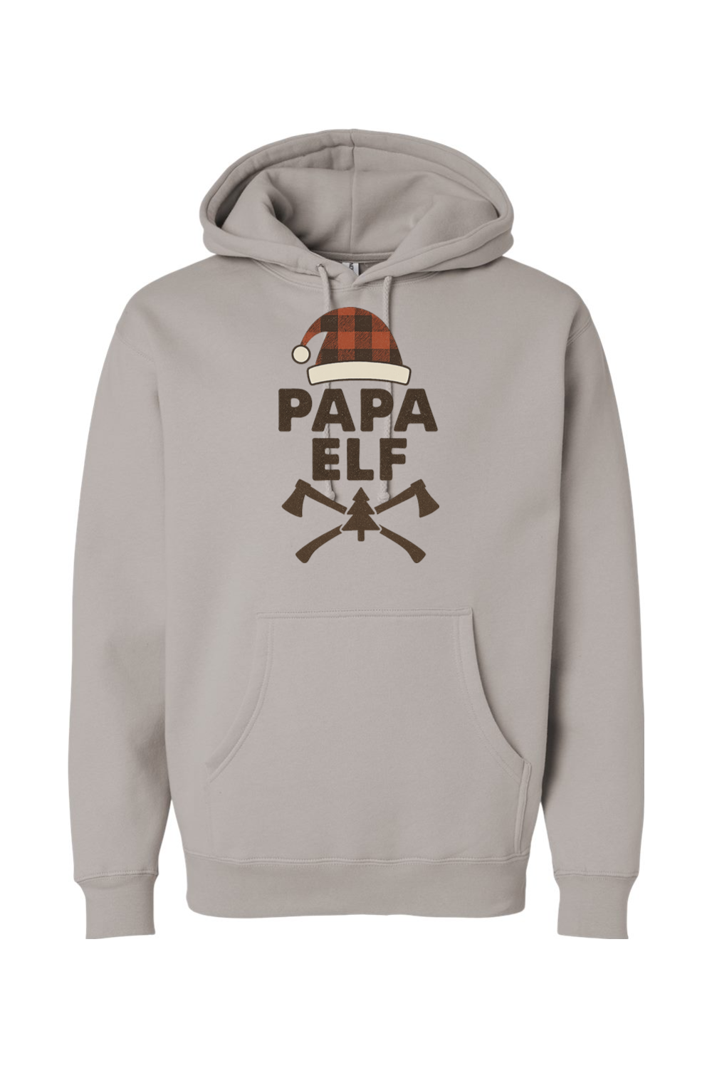 Gray Christmas hoodie with "Papa Elf" text with a plaid elf hat and pine tree and axe design festive men's holiday long sleeve hooded sweatshirt