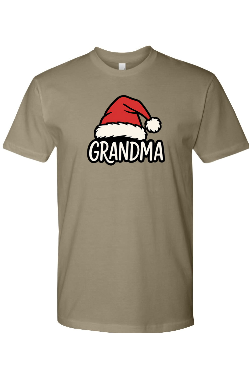 Light olive green Christmas t-shirt with "Grandma" text and a Santa hat design cute grandparent matching holiday festive short sleeve shirt
