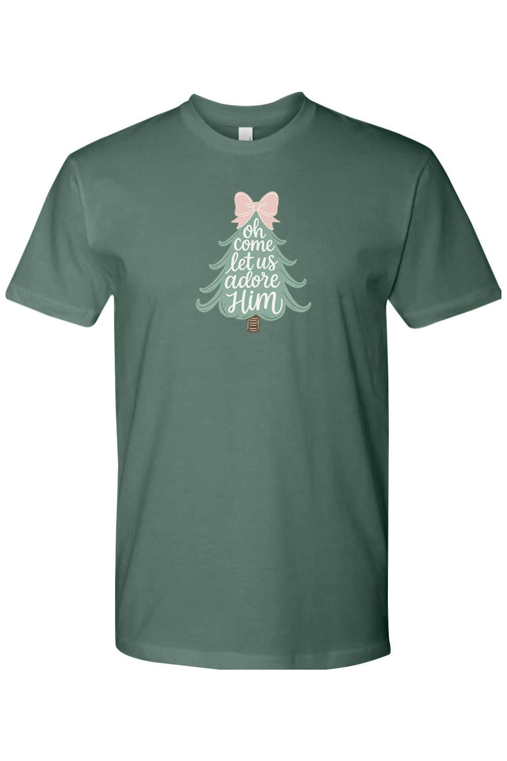 Royal pine green Oh Come Let Us Adore Him Christmas tree bow cute design t-shirt short sleeve Jesus faith Christian holiday shirt