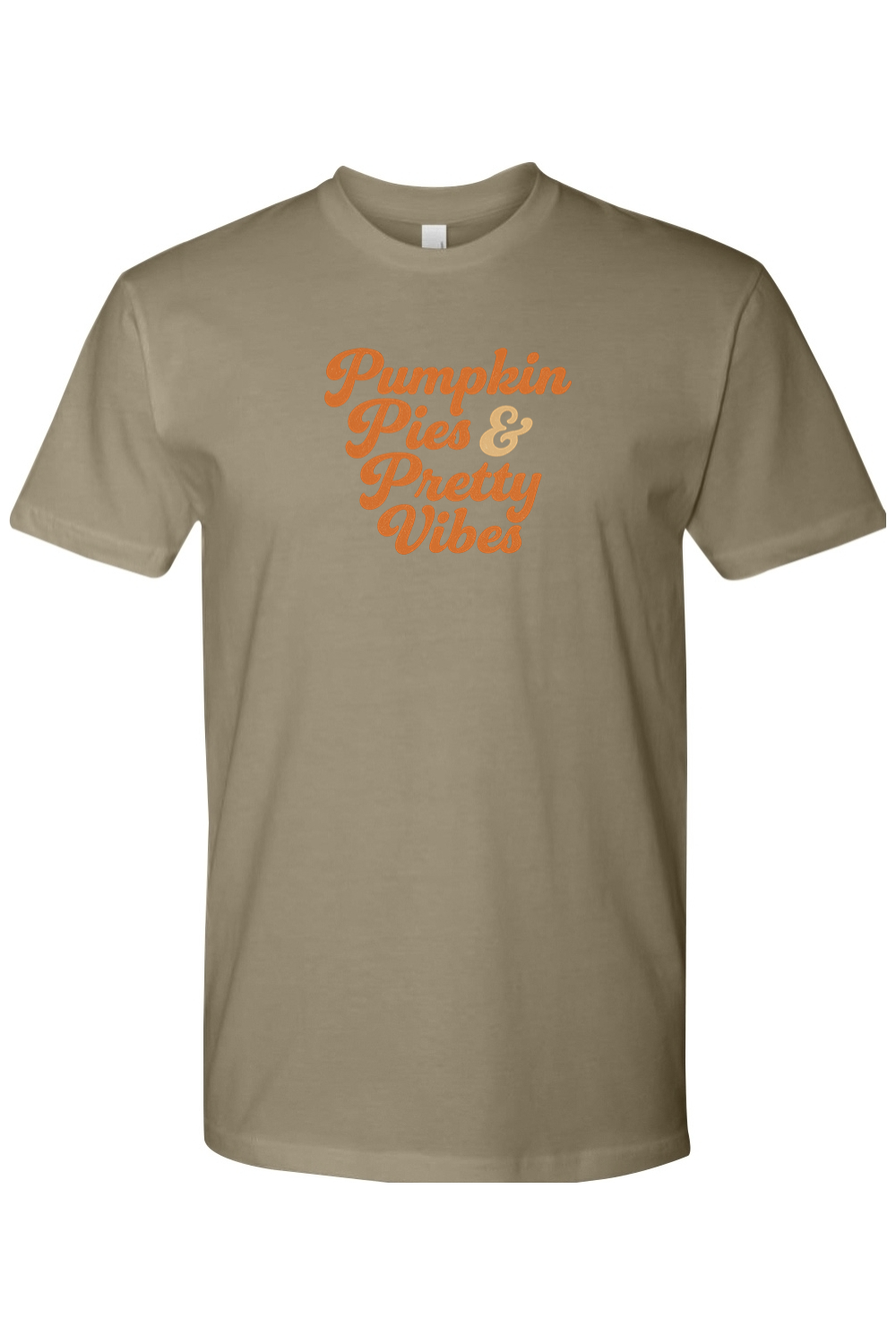 Light olive green Thanksgiving t-shirt with "Pumpkin Pies & Pretty Vibes" text in a cursive font cute trendy fall holiday short sleeve shirt