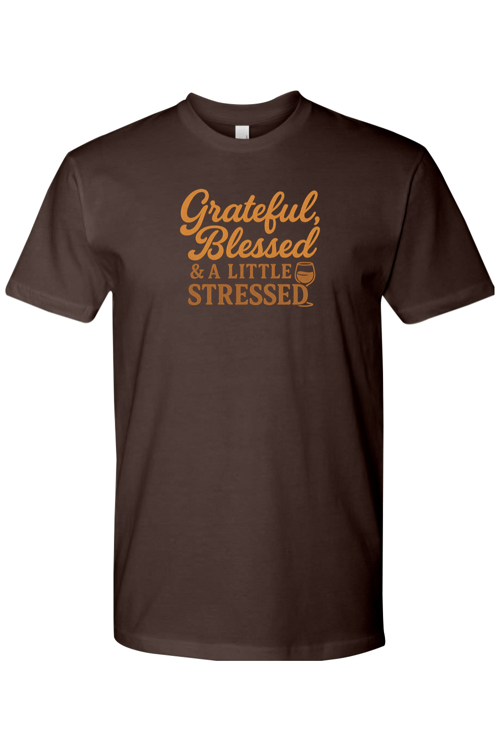 Brown Thanksgiving t-shirt with "Grateful, Blessed, & A Little Stressed" text with a wine glass design funny trendy fall holiday short sleeve shirt