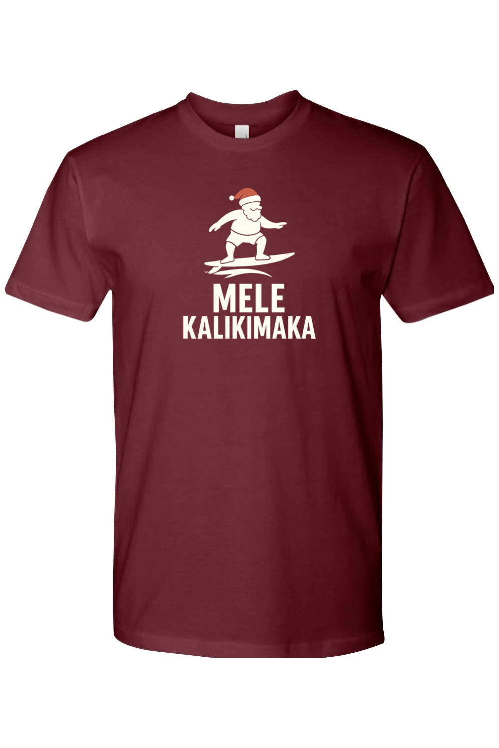 Maroon Christmas t-shirt with Santa surfing and "Mele Kalikimaka" text funny Hawaiian Christmas surf holiday short sleeve shirt
