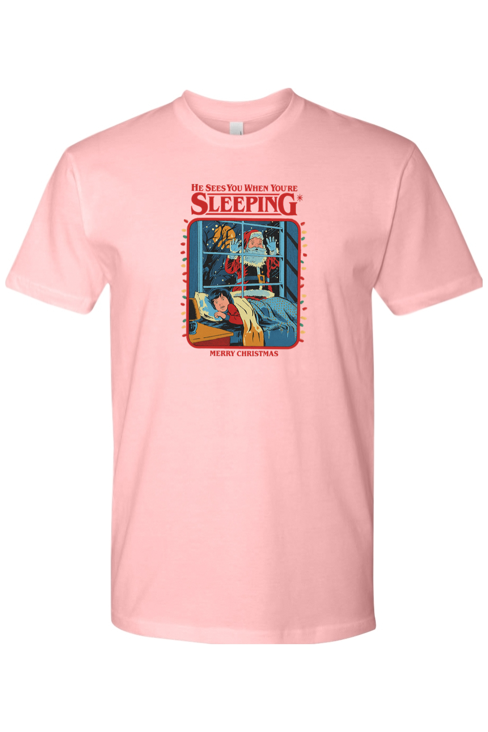 Light pink Christmas t-shirt with "He Sees You When You're Sleeping Merry Christmas" text in red with Santa looking through a kid's window design funny humor holiday short sleeve shirt
