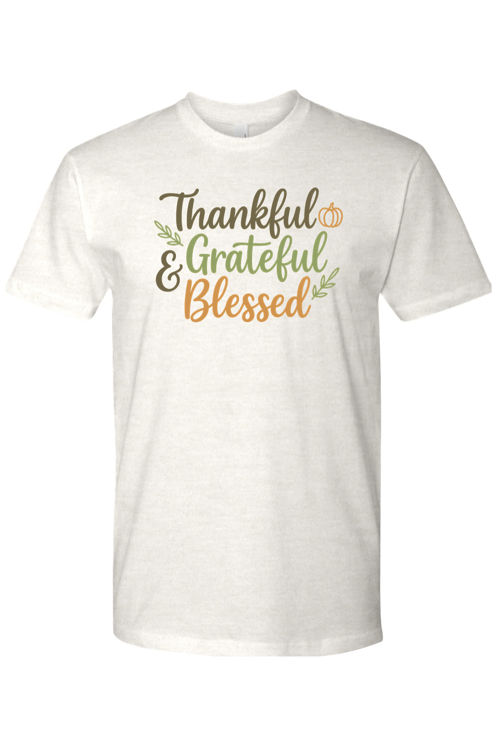 Light cream Thanksgiving t-shirt with "Thankful Grateful & Blessed" text with leaves and pumpkin design cute trendy fall holiday short sleeve shirt