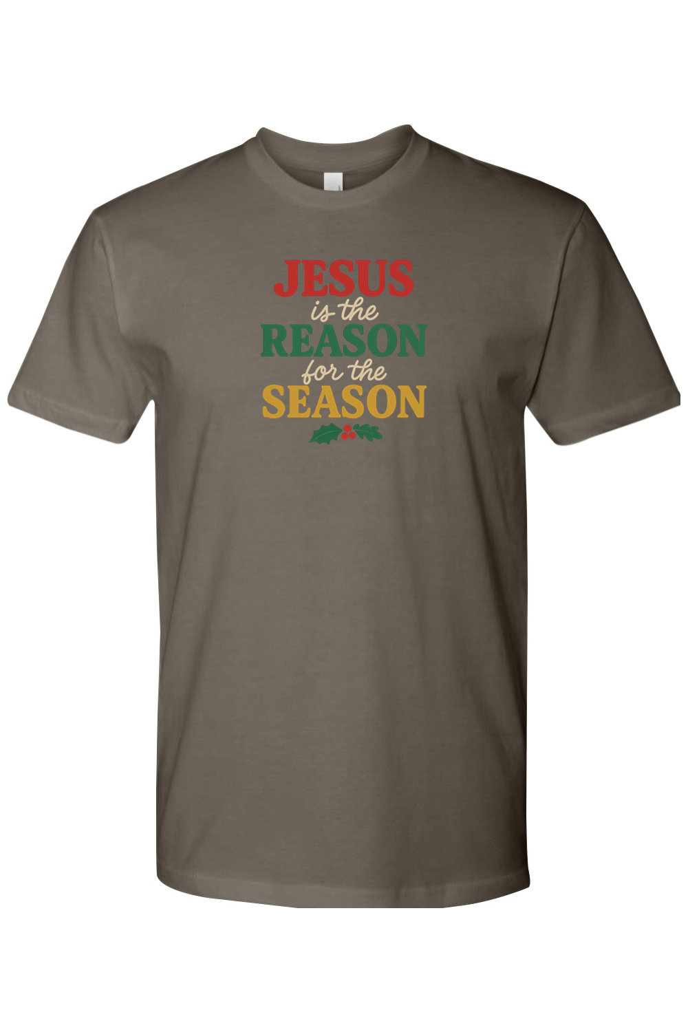 Dark Gray Grey t-shirt with 'Jesus is the Reason for the Season' text in red, green, and yellow color and a holly design underneath. Jesus Christian Christmas T-Shirt Short Sleeve.