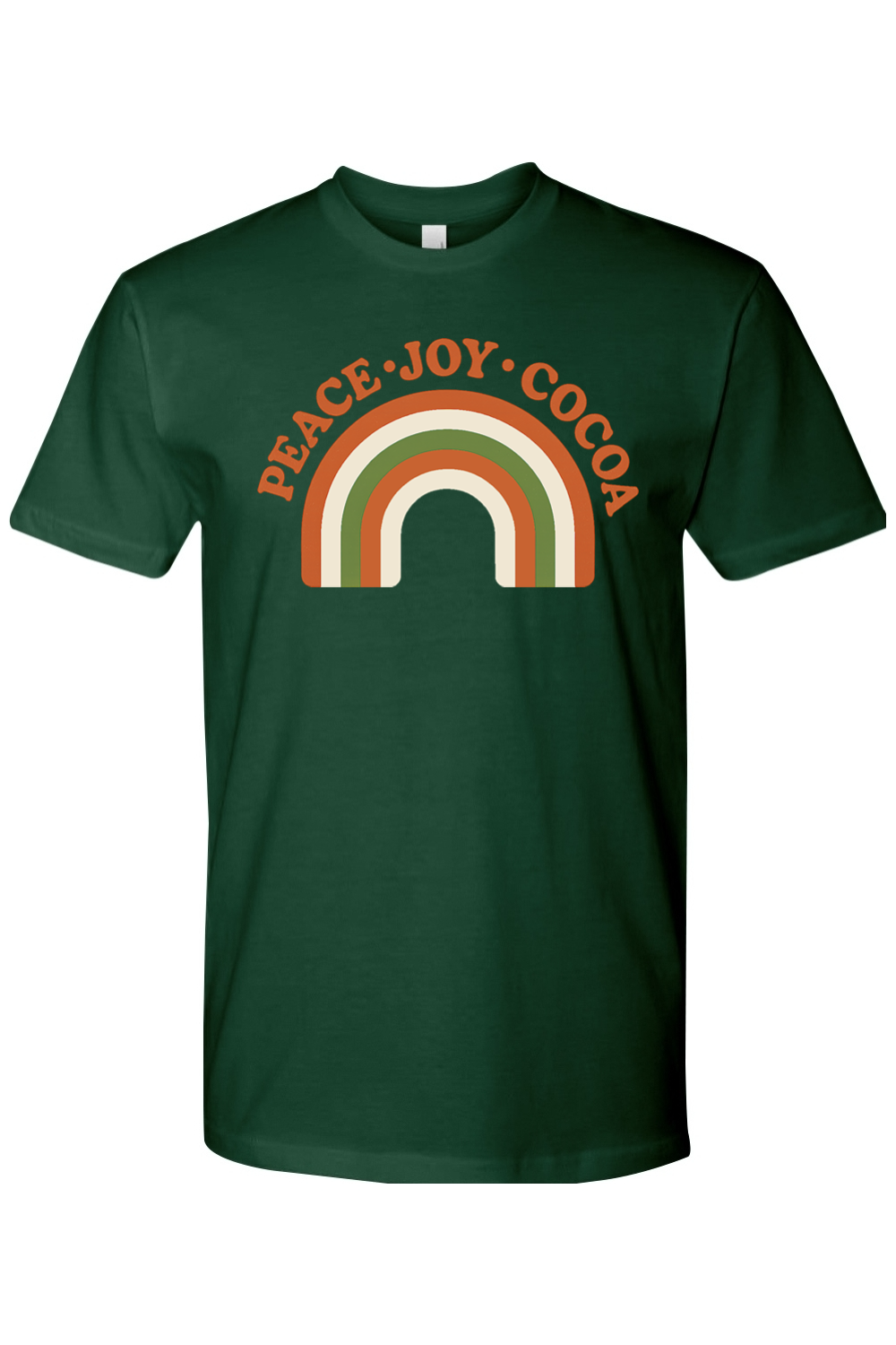 Dark green vintage Christmas t-shirt with "Peace Joy Cocoa" text and a retro rainbow design cool trendy holiday short sleeve shirt