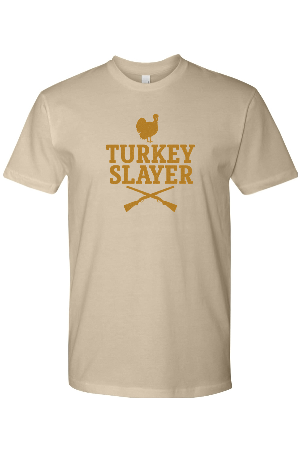 Dark sand beige Thanksgiving t-shirt with "Turkey Slayer" text and turkey hunting design funny fall hunter holiday short sleeve shirt
