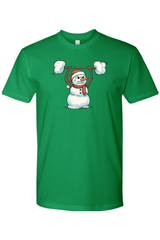 Green Christmas t-shirt with a snowman lifting a snow barbell design funny gym humor festive holiday short sleeve shirt
