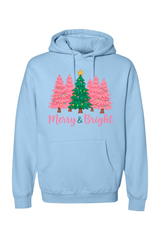 Light blue Christmas hoodie with pink and green Christmas trees design with text 