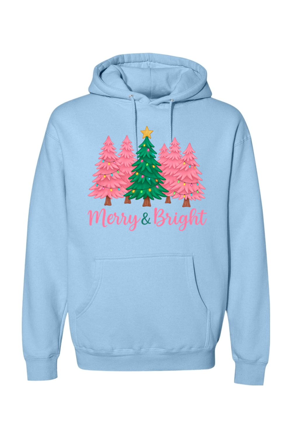 Light blue Christmas hoodie with pink and green Christmas trees design with text "Merry & Bright" cute trendy festive holiday long sleeve hooded sweatshirt