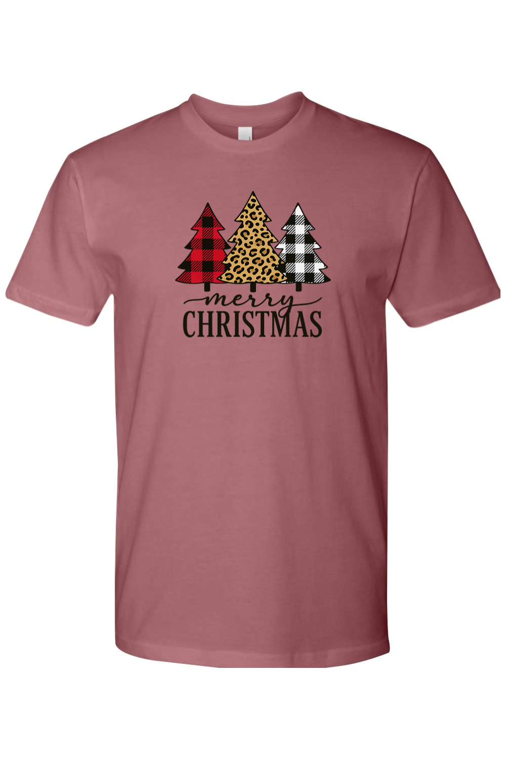 Mauve dark pink Christmas t-shirt with plaid and leopard print Christmas trees design and "Merry Christmas" text festive trendy holiday short sleeve shirt