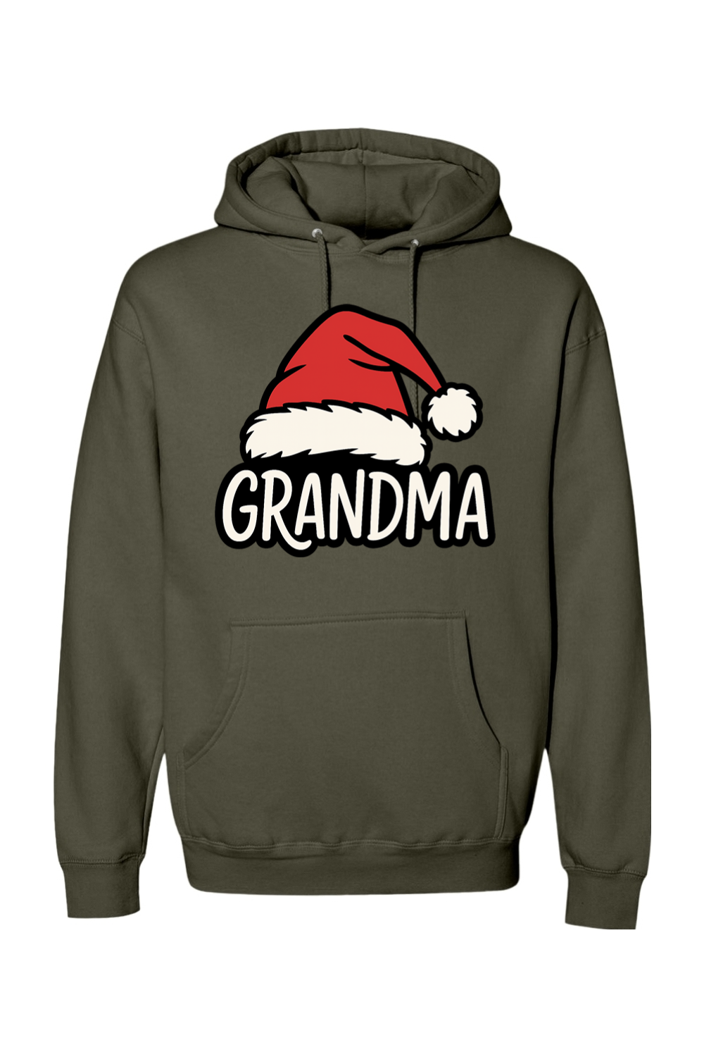 Olive green Christmas hoodie with "Grandma" text under a Santa hat cute grandparent grandmother long sleeve hooded sweatshirt