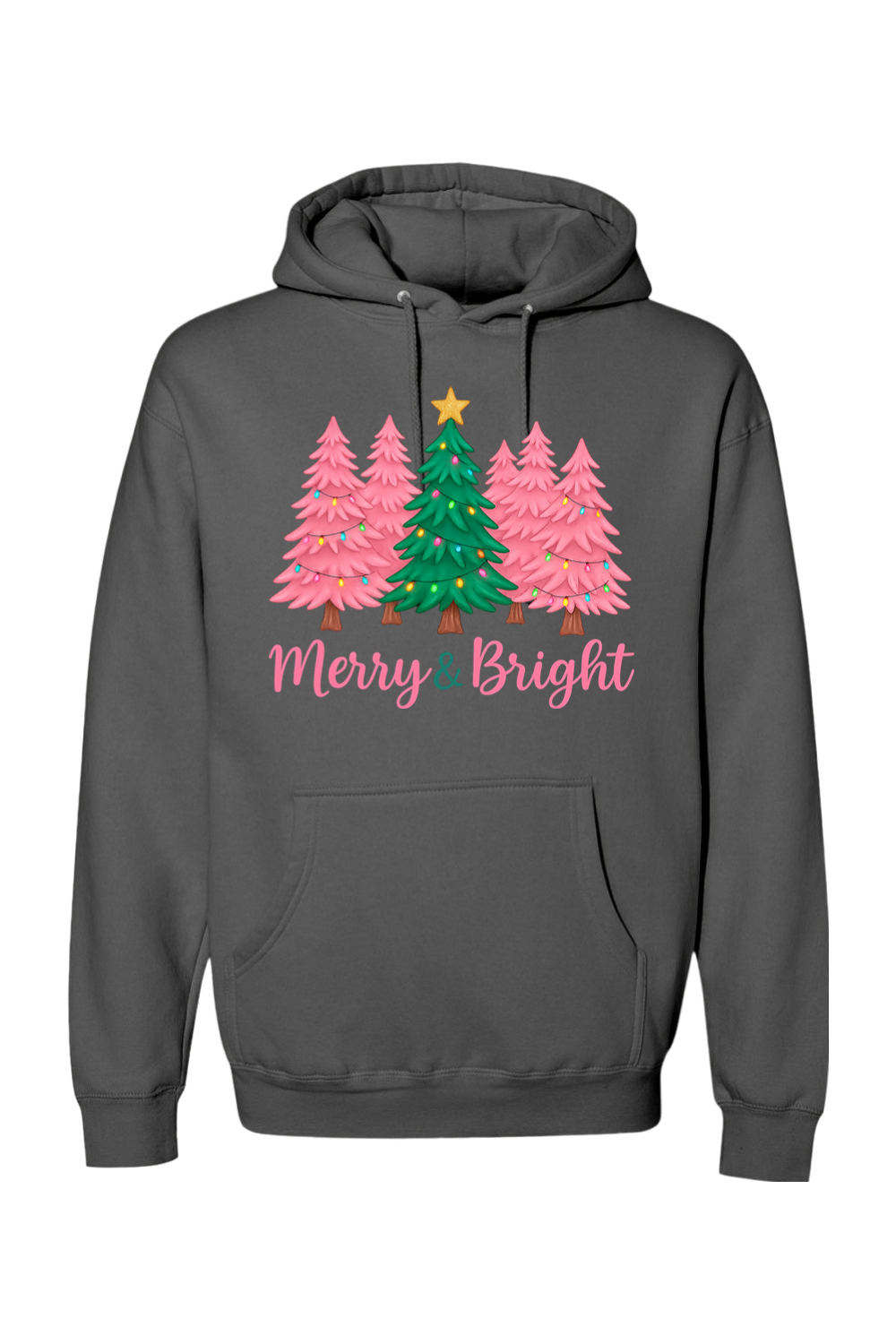 Dark gray Christmas hoodie with pink and green Christmas trees design with text "Merry & Bright" cute trendy festive holiday long sleeve hooded sweatshirt