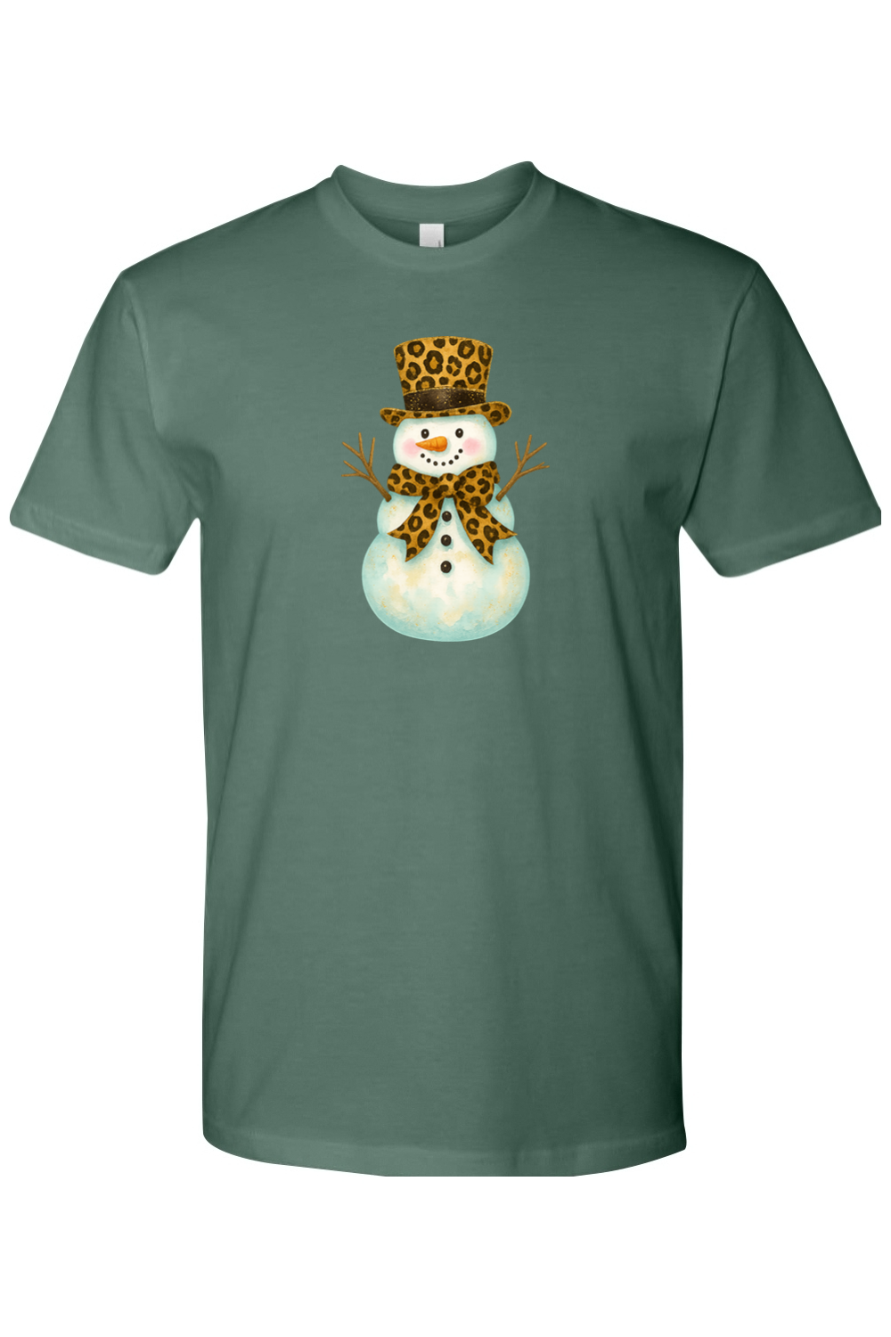 Royal green Christmas shirt with a snowman in a leopard print bow and leopard print top hat design cute girly festive holiday short sleeve shirt