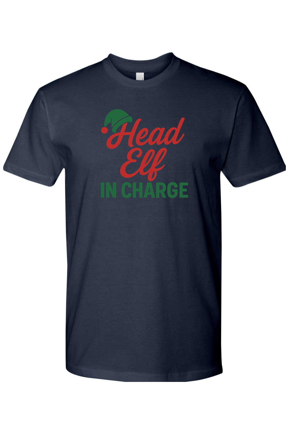 Navy blue Christmas t-shirt with "Head Elf in Charge" text with an elf hat sitting on top of the H funny sarcastic holiday humor short sleeve shirt