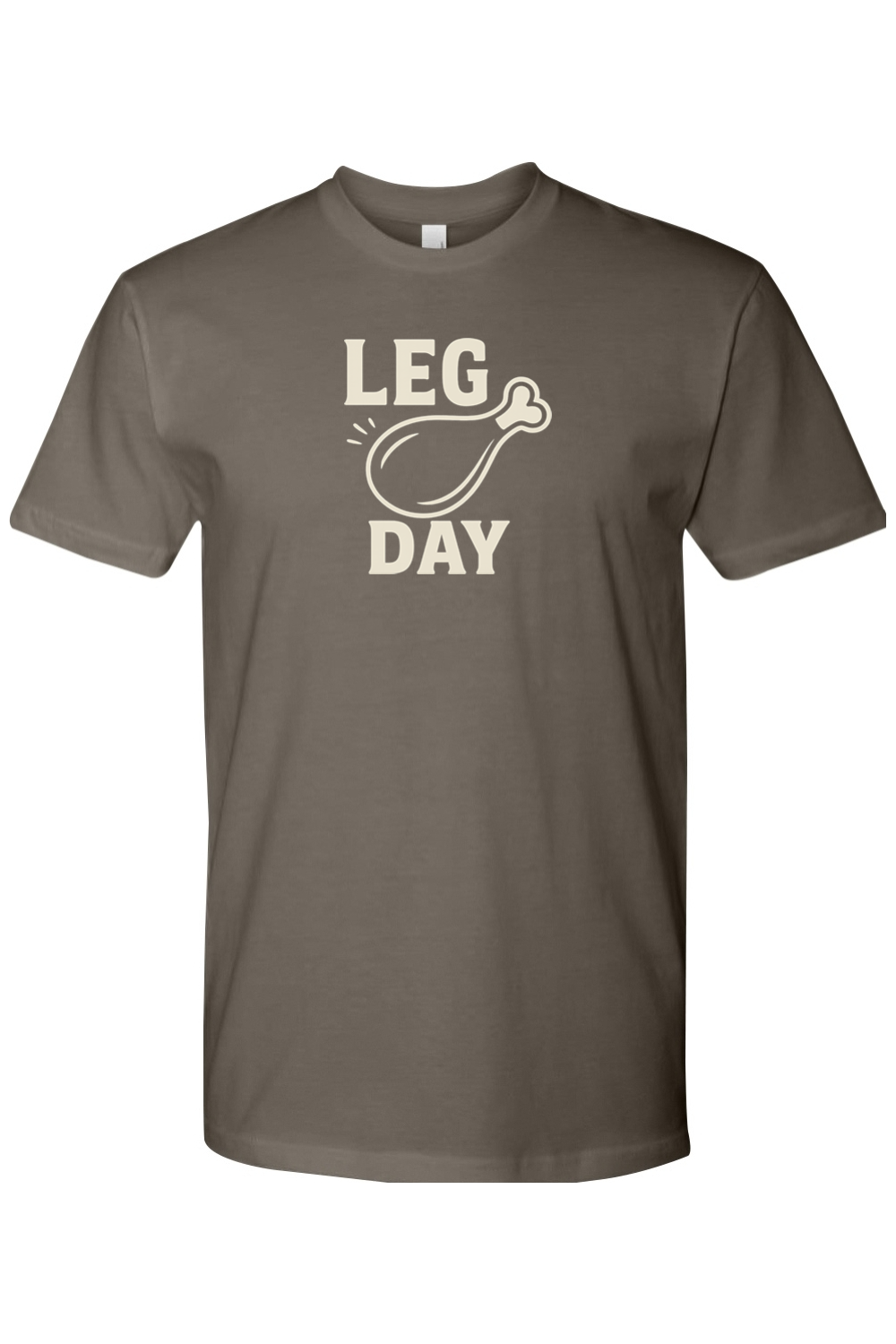 Gray Thanksgiving t-shirt with "Leg Day" text and a turkey leg design funny gym humor fall holiday short sleeve shirt
