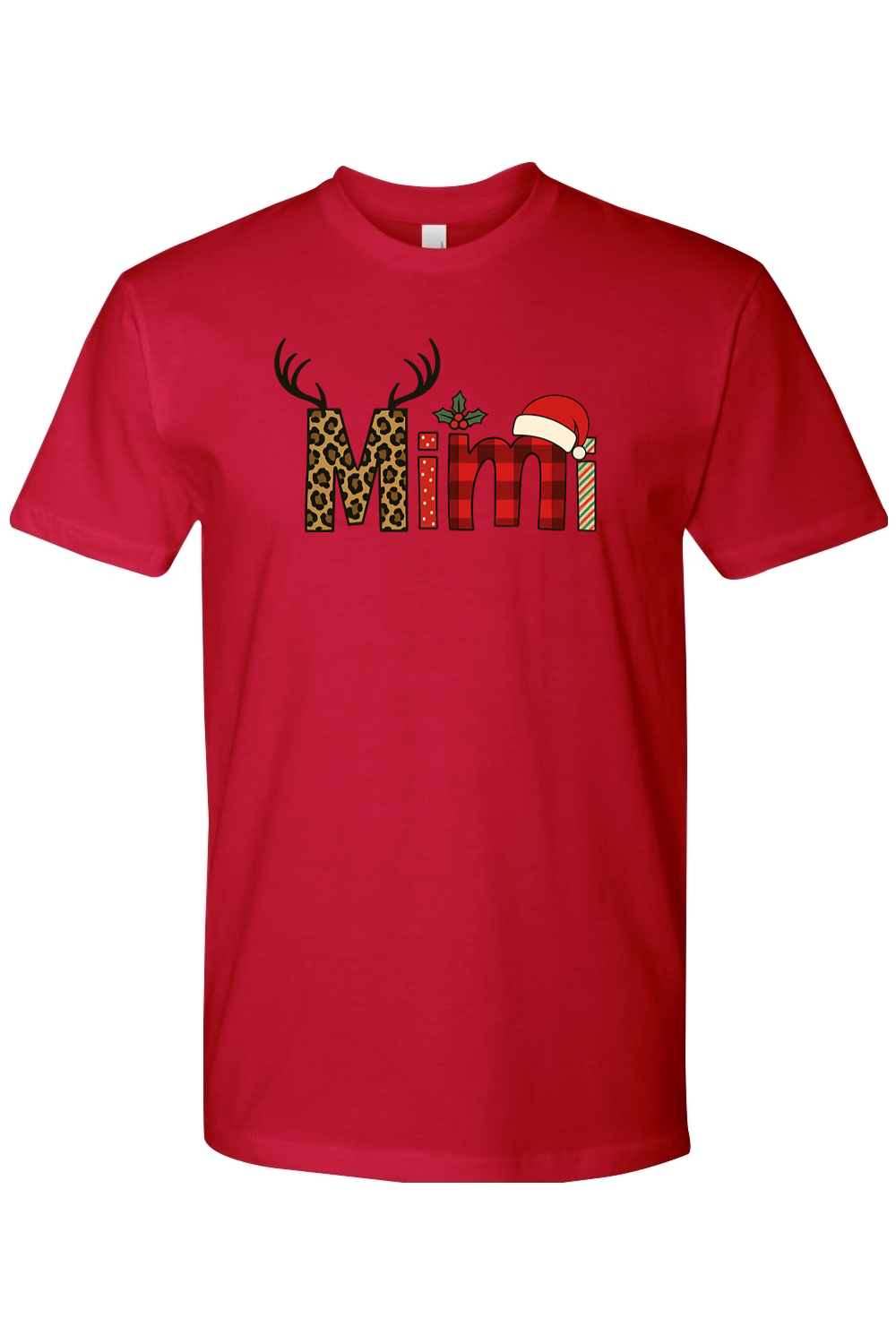 Red Christmas t-shirt with "Mimi" text antler design and the letters filled with leopard print, plaid, polka dots, and stripes cute grandma festive holiday short sleeve shirt