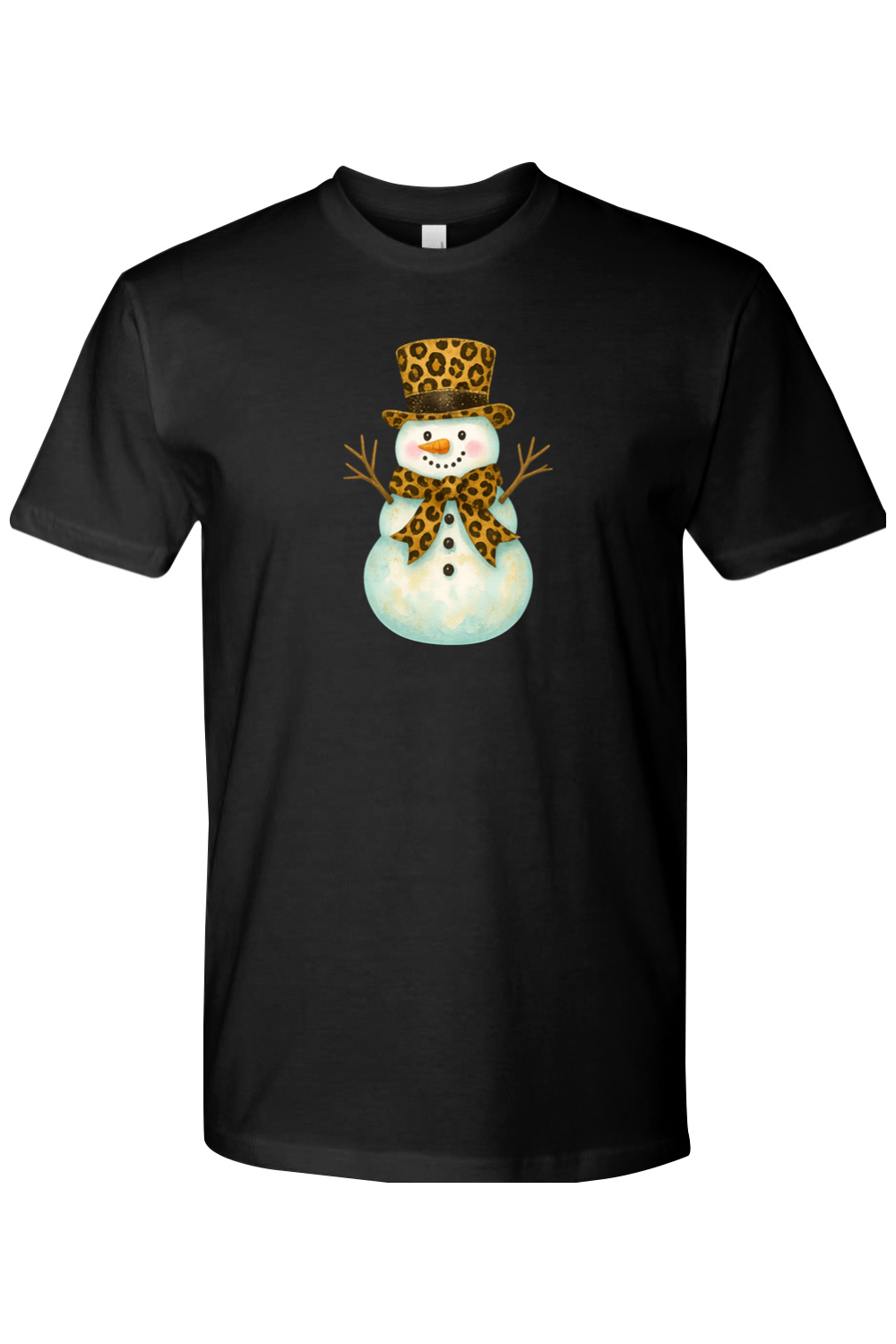 Black Christmas shirt with a snowman in a leopard print bow and leopard print top hat design cute girly festive holiday short sleeve shirt