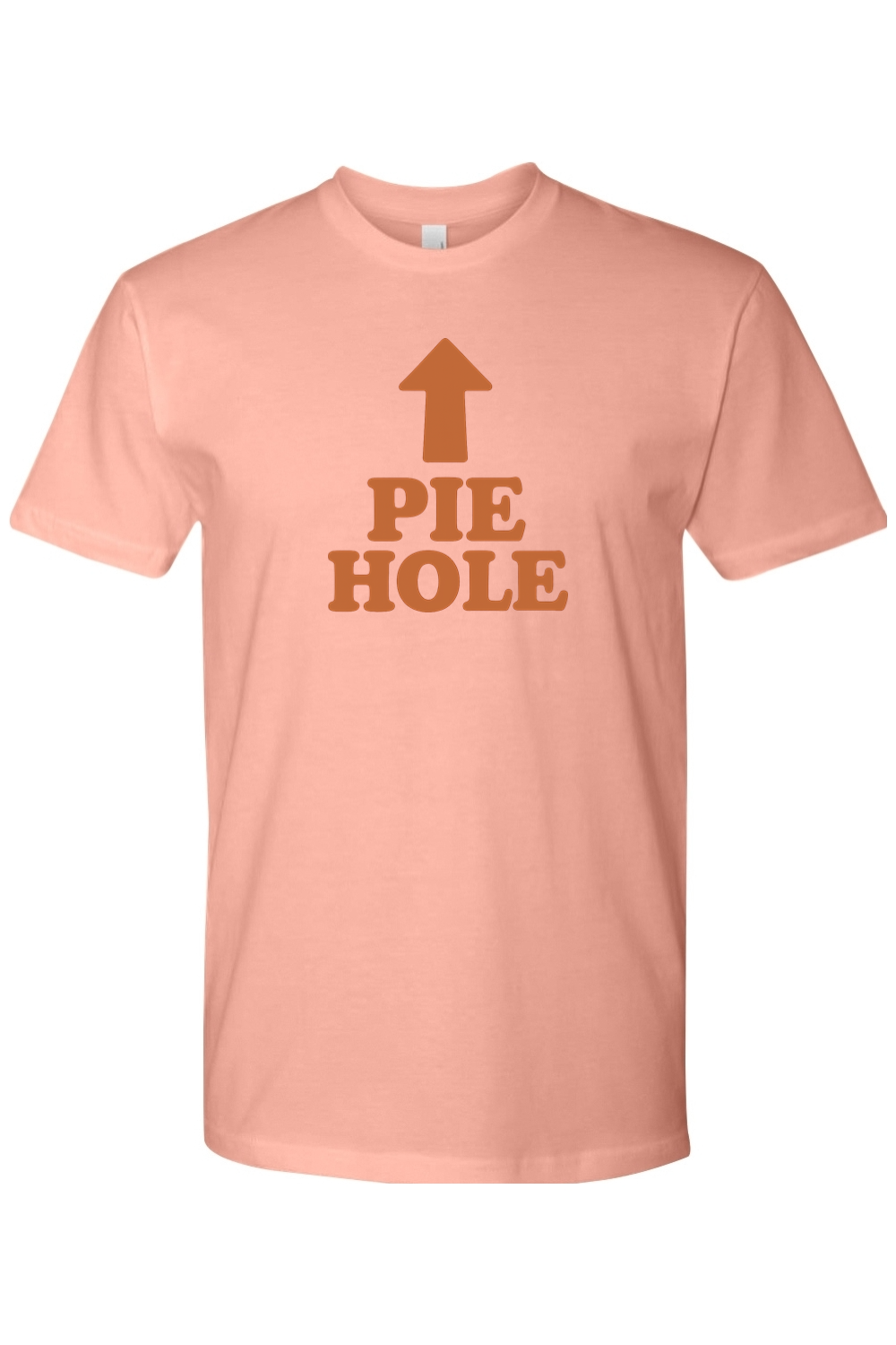 Pink Thanksgiving t-shirt with "Pie Hole" text and and arrow design pointing upwards to the neckline of the shirt funny humor fall holiday short sleeve shirt