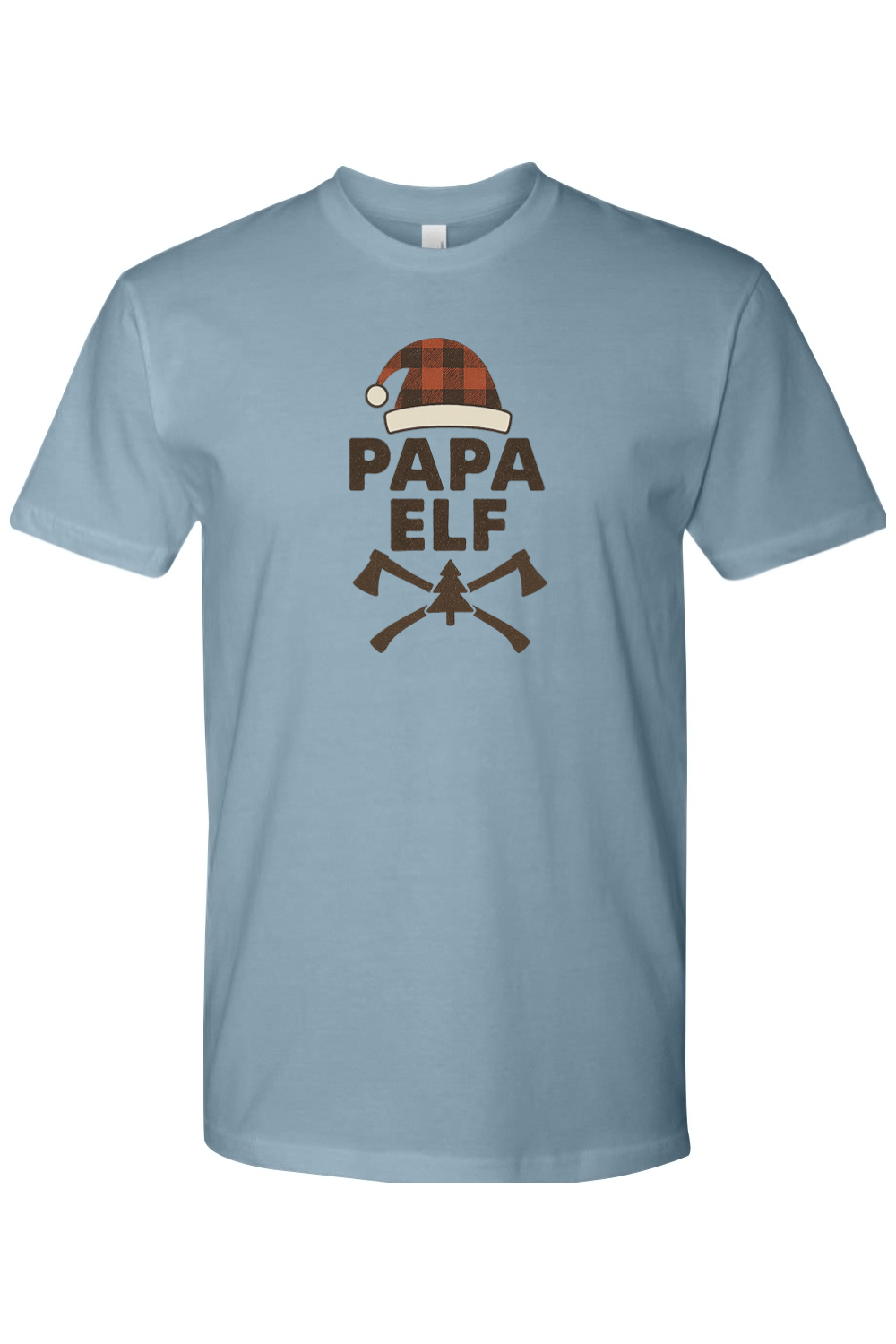 Blue Christmas t-shirt with "Papa Elf" text with a plaid elf hat and pine tree and axe design festive men's holiday short sleeve shirt