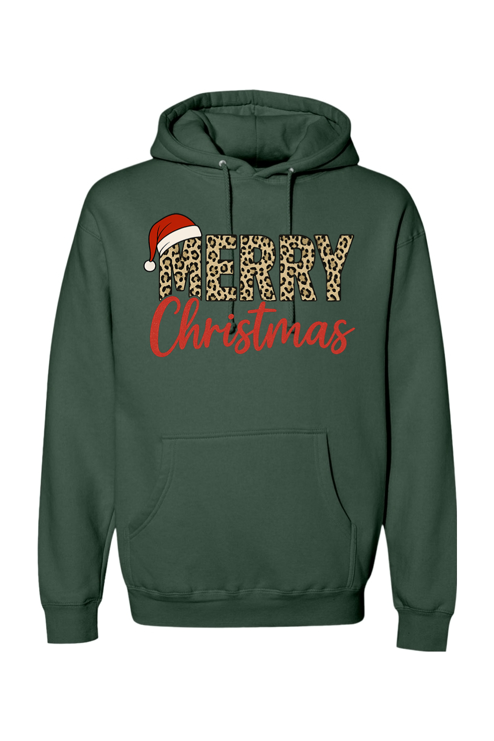 Pine green Christmas hoodie with "Merry Christmas" text in leopard print and red with a Santa hat design cute trendy festive holiday long sleeve hooded sweatshirt