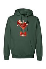 Pine green Christmas hoodie with Santa sitting in a martini glass design funny cute holiday long sleeve hooded sweatshirt
