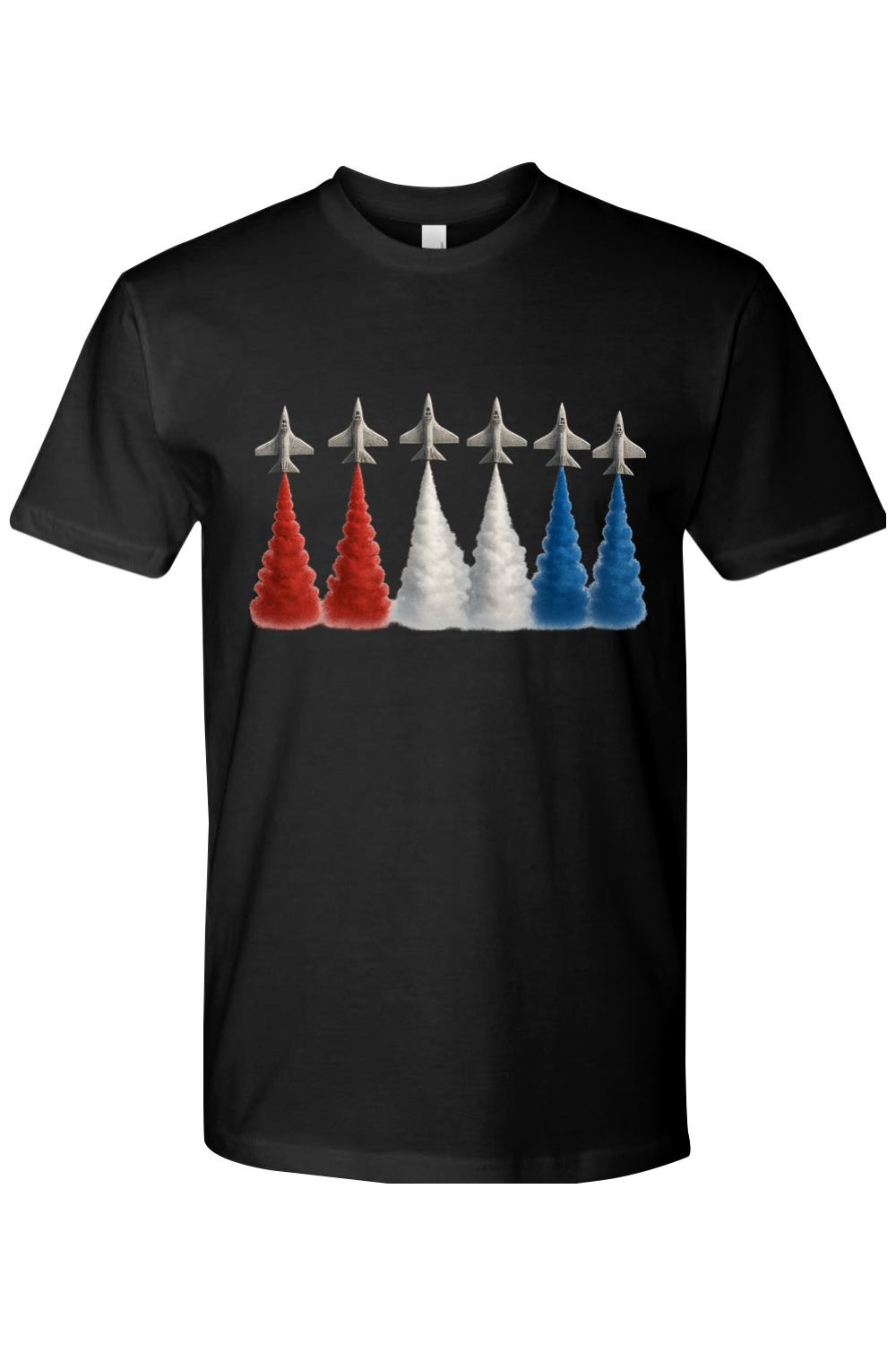 Black t-shirt with Jets leaving red, white, and blue contrails.