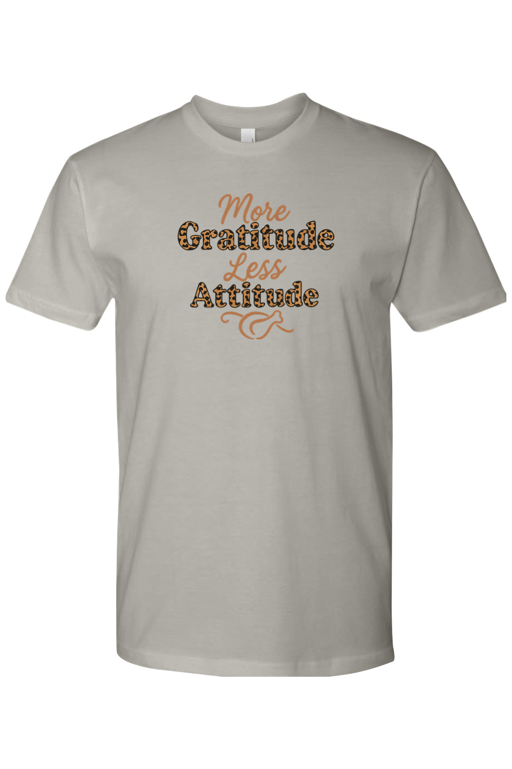 Grey gray Thanksgiving t-shirt with "More Gratitude Less Attitude" text in leopard print with a turkey design underneath trendy girly fall holiday short sleeve shirt