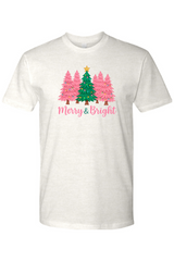 Light beige Christmas t-shirt with pink and green Christmas trees design with text 