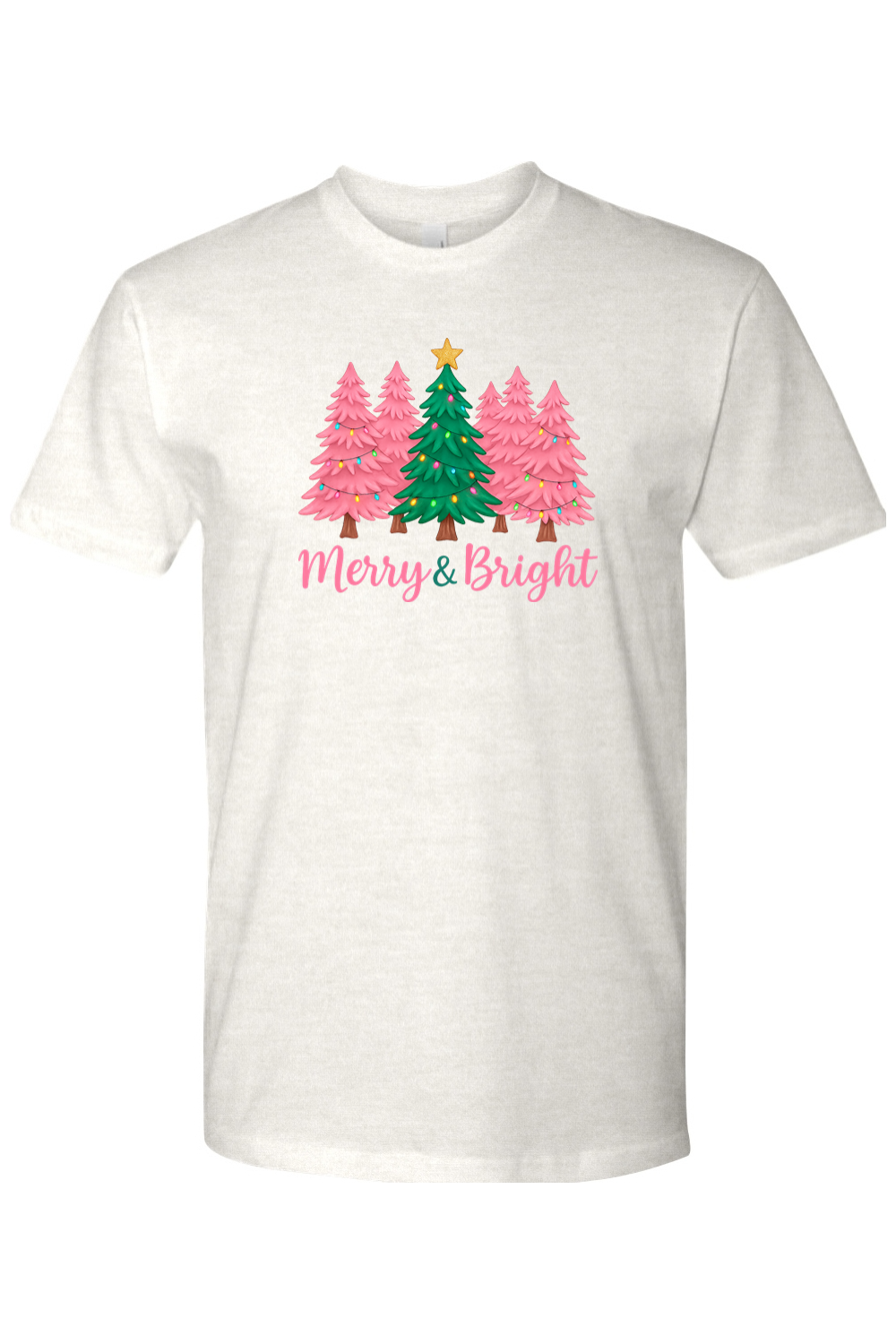Light beige Christmas t-shirt with pink and green Christmas trees design with text "Merry & Bright" cute trendy festive holiday short sleeve shirt