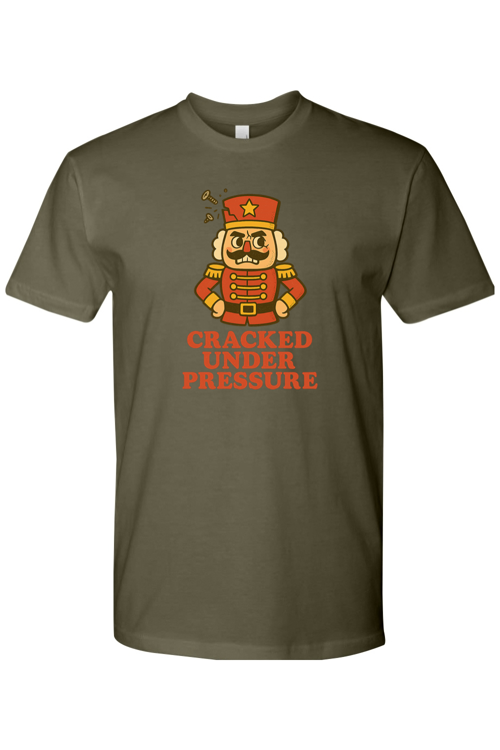 Dark olive green vintage Christmas t-shirt with "Cracked Under Pressure" text and a cracking nutcracker design funny sarcastic retro holiday short sleeve shirt