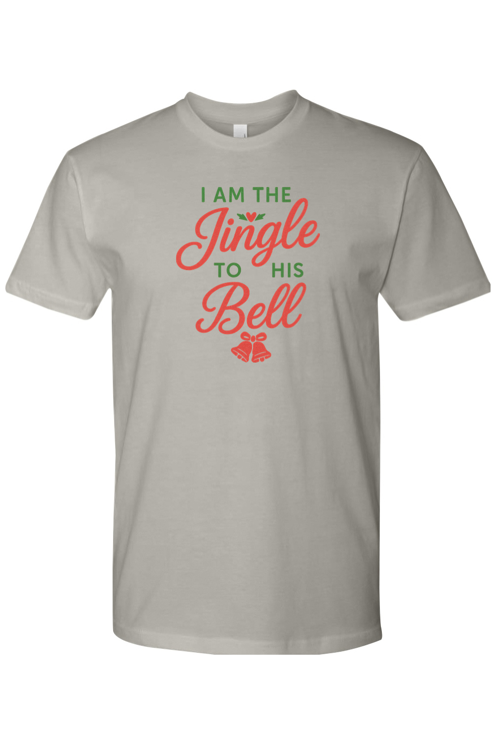 Grey gray Christmas t-shirt with "I am the Jingle to His Bell" text in red and green with a heart and bell design cute flirty women's festive holiday short sleeve shirt