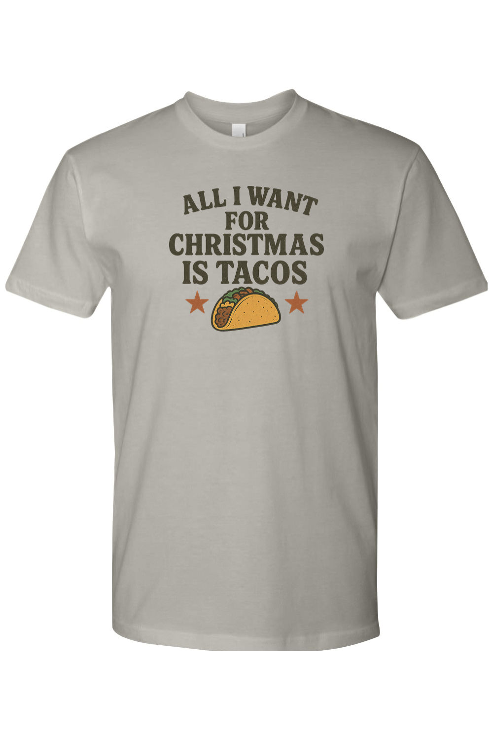 Gray grey Christmas t-shirt with "All I Want for Christmas is Tacos" text with taco and stars design funny humor festive holiday short sleeve shirt