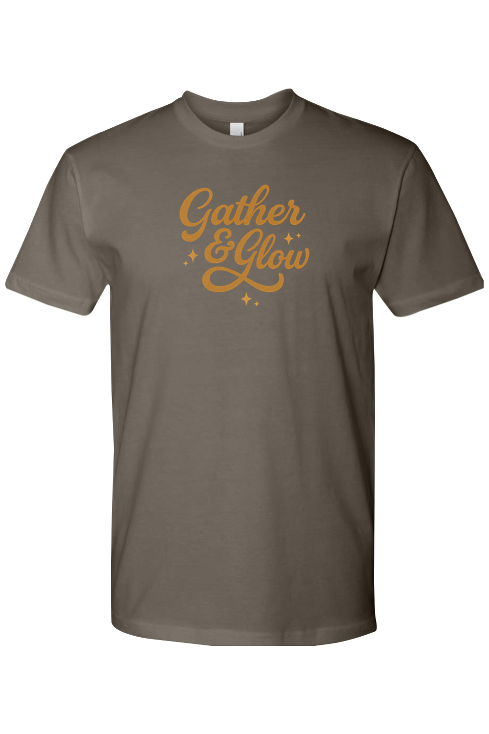 Grey gray Thanksgiving t-shirt with "Gather & Glow" text in a cursive font cute trendy fall holiday short sleeve shirt