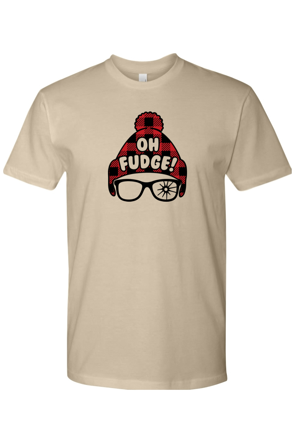 Dark beige Christmas t-shirt with "Oh Fudge!" text and a plaid hat and broken glasses design funny holiday humor short sleeve shirt