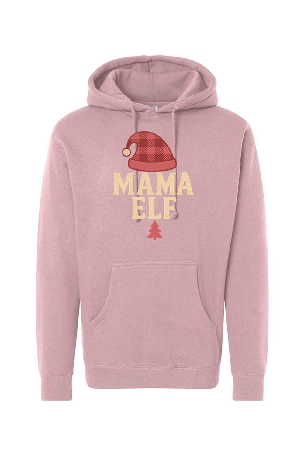 Pink Christmas hoodie with "Mama Elf" text with an elf hat and pine tree design cute trendy women's long sleeve hooded sweatshirt