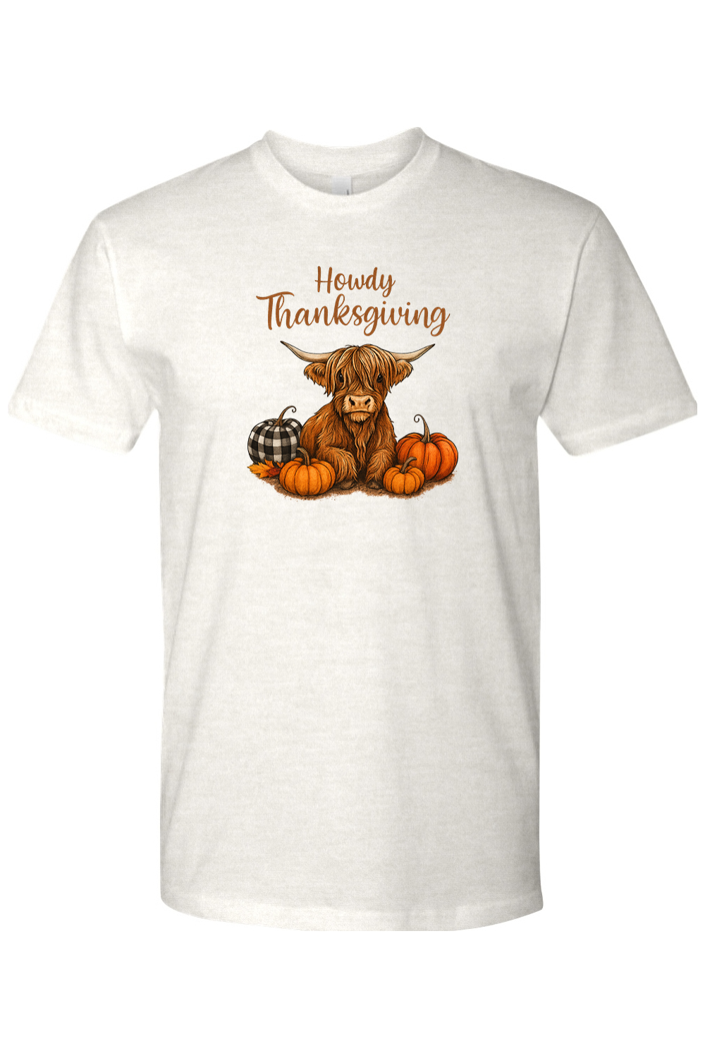Light cream Thanksgiving t-shirt with "Howdy Thanksgiving" text and a highland cow with pumpkins cute country fall holiday short sleeve shirt